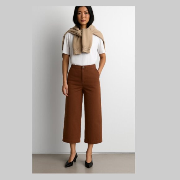 OAK + FORT Cropped Length Twill Wide Leg Pants Culottes Brown Womens Small x 25" - Picture 2 of 14